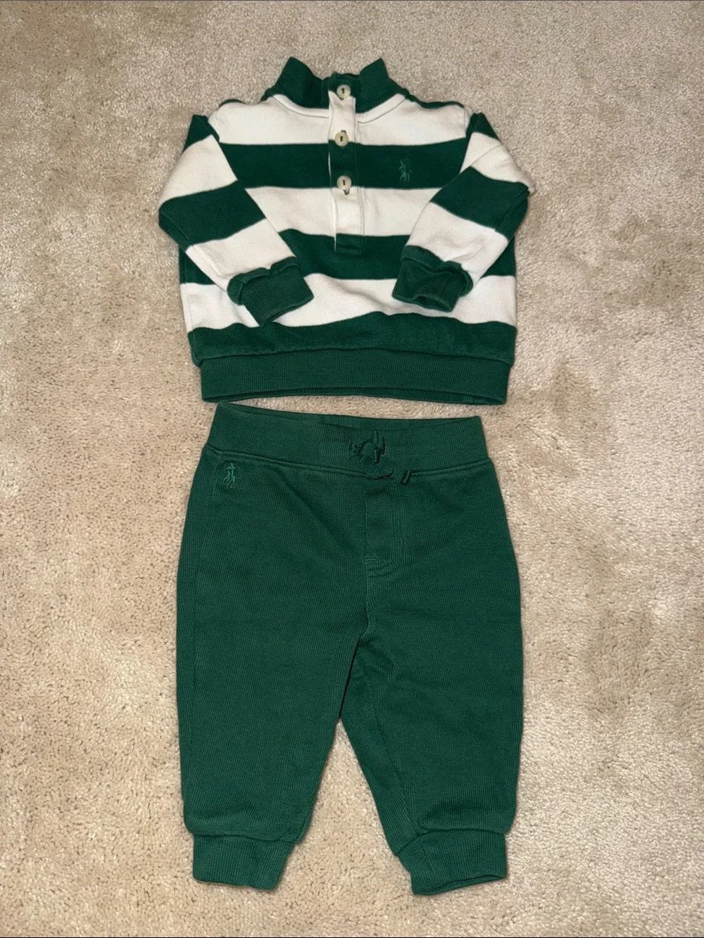 Ralph Lauren Green and White Striped Pullover with Solid Green Joggers